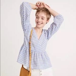 Madewell bubble sleeve peplum top in gingham check